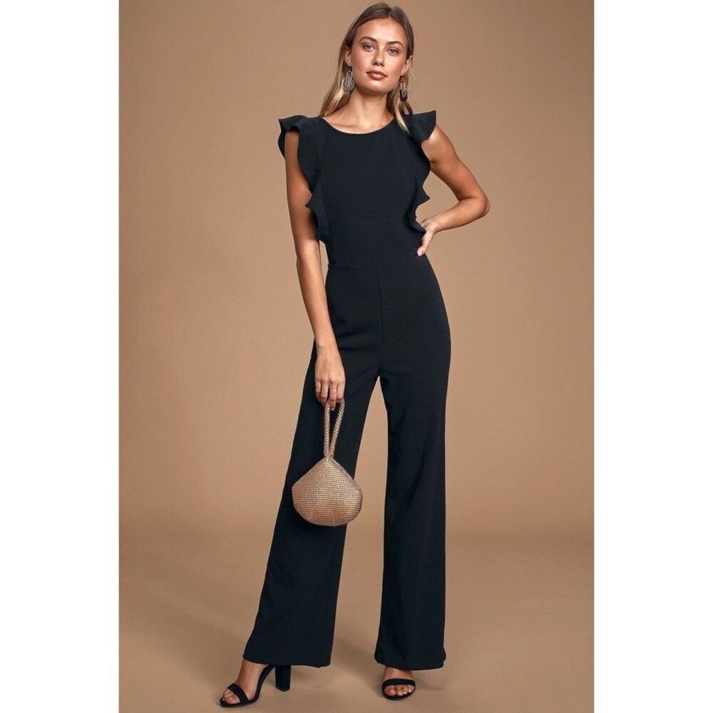 Lulu's Feel Your Love Black Ruffled Wide-Leg Jumpsuit size S brand new with tags